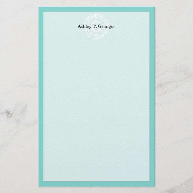 Robin Egg Wht Grekiska Nyckel Rnd Ram Initial Mono Brevpapper (Framsida)