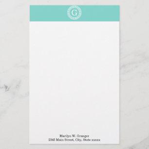 Robin Egg Wht Grekiska Nyckel Rnd Ram Initial Mono Brevpapper