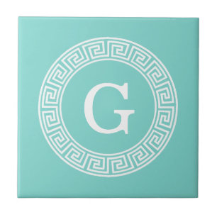 Robin Egg Wht Grekiska Nyckel Rnd Ram Initial Mono Kakelplatta