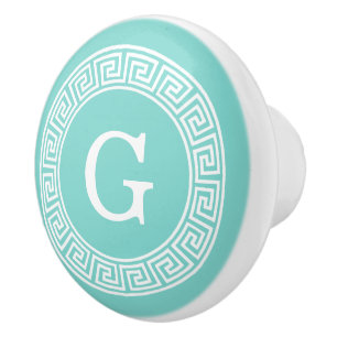 Robin Egg Wht Grekiska Nyckel Rnd Ram Initial Mono Knopp