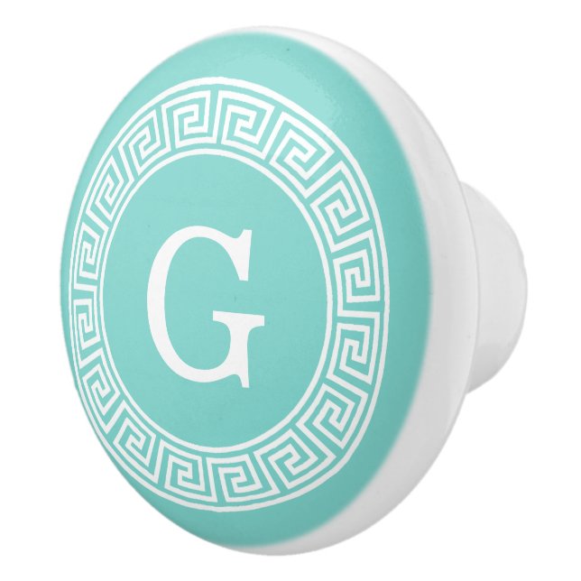 Robin Egg Wht Grekiska Nyckel Rnd Ram Initial Mono Knopp (Höger)
