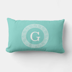 Robin Egg Wht Grekiska Nyckel Rnd Ram Initial Mono Lumbarkudde