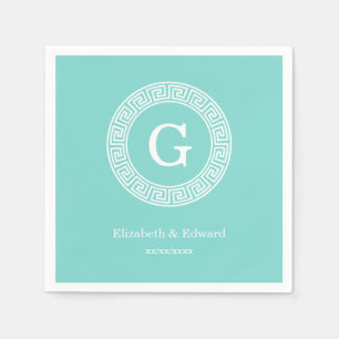 Robin Egg Wht Grekiska Nyckel Rnd Ram Initial Mono Pappersservett