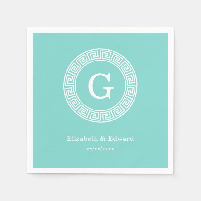 Robin Egg Wht Grekiska Nyckel Rnd Ram Initial Mono Pappersservett (Framsidan)