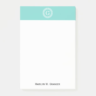 Robin Egg Wht Grekiska Nyckel Rnd Ram Initial Mono Post-it Block