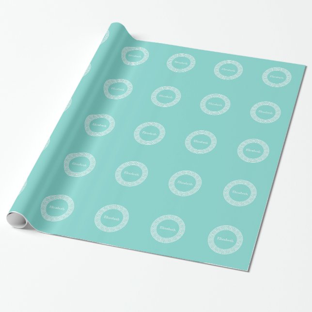 Robin Egg Wht Grekiska Nyckel Rnd Ram Initial Mono Presentpapper (Utrullad)
