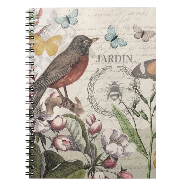 Robin Elegant Bird Butterfly Fransk Art Anteckningsbok (Framsidan)