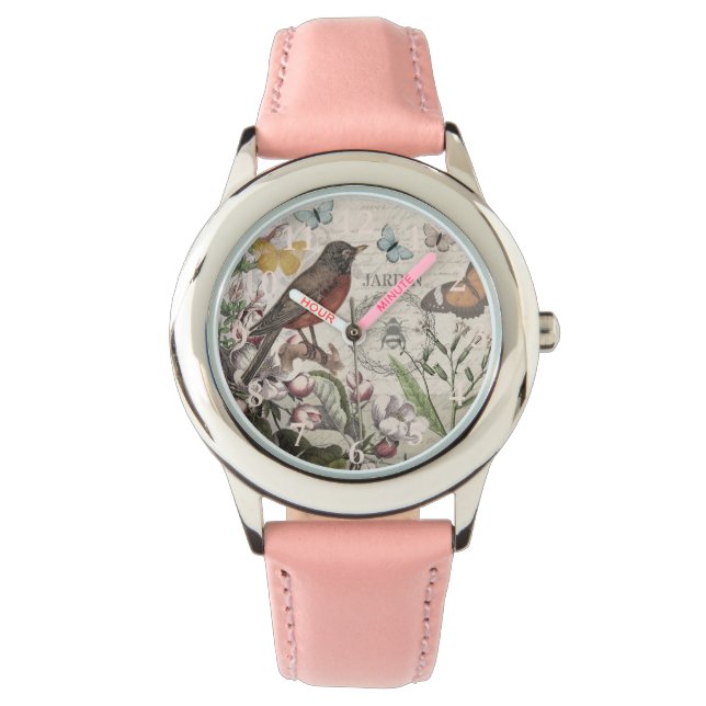 Robin Elegant Bird Butterfly Fransk Art Armbandsur (Framsida)