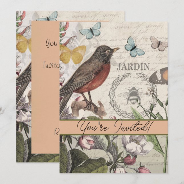 Robin Elegant Bird Butterfly Fransk Art Inbjudningar (Fram/baksida)