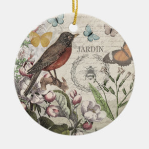 Robin Elegant Bird Butterfly Fransk Art Julgransprydnad Keramik