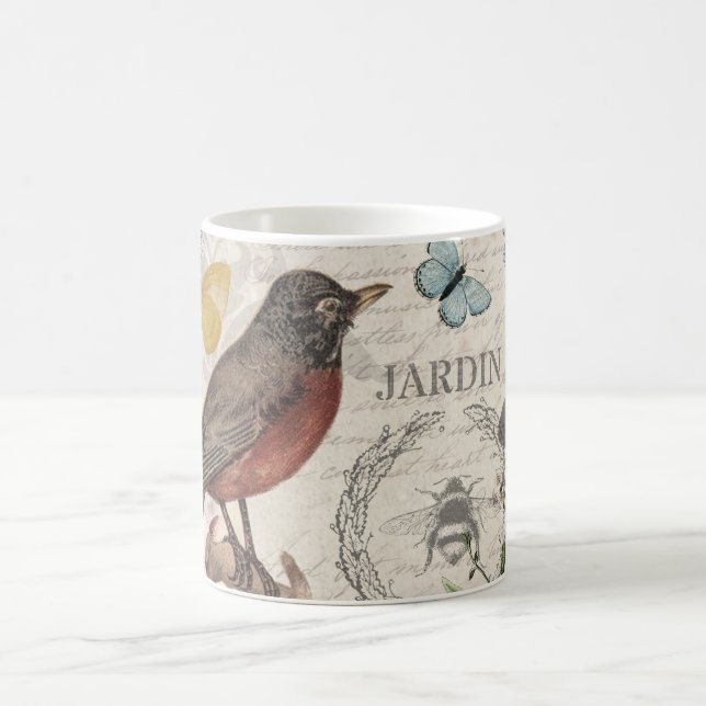 Robin Elegant Bird Butterfly Fransk Art Kaffemugg (Center)