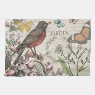 Robin Elegant Bird Butterfly Fransk Art Kökshandduk
