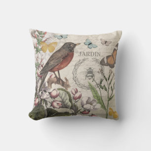 Robin Elegant Bird Butterfly Fransk Art Kudde