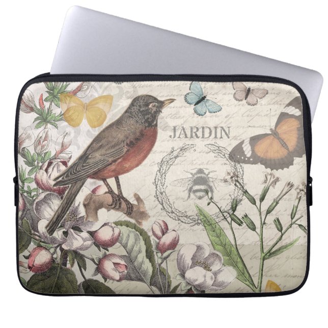 Robin Elegant Bird Butterfly Fransk Art Laptop Fodral (Framsidan)