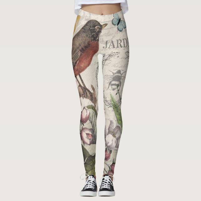 Robin Elegant Bird Butterfly Fransk Art Leggings (Framsida)