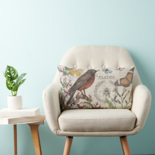 Robin Elegant Bird Butterfly Fransk Art Lumbarkudde