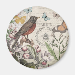 Robin Elegant Bird Butterfly Fransk Art Magnet