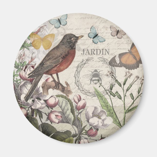 Robin Elegant Bird Butterfly Fransk Art Magnet (Framsidan)