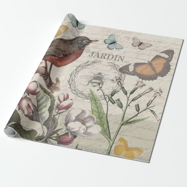 Robin Elegant Bird Butterfly Fransk Art Presentpapper (Utrullad)