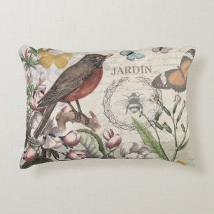 Robin Elegant Bird Butterfly Fransk Art Prydnadskudde