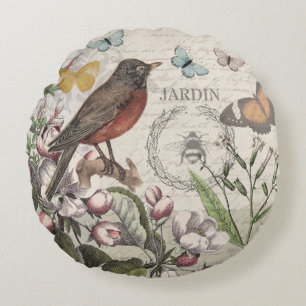 Robin Elegant Bird Butterfly Fransk Art Rund Kudde