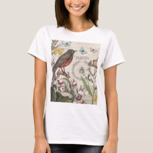 Robin Elegant Bird Butterfly Fransk Art T Shirt
