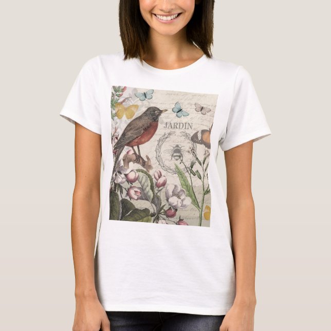 Robin Elegant Bird Butterfly Fransk Art T Shirt (Framsida)