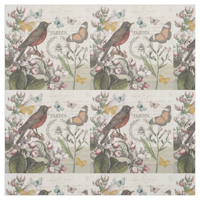 Robin Elegant Bird Butterfly Fransk Art Tyg (Provkarta)