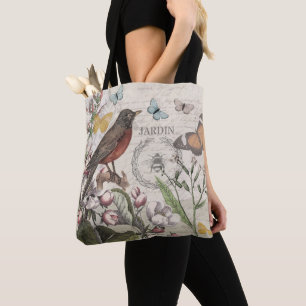 Robin Elegant Bird Butterfly Fransk Art Tygkasse
