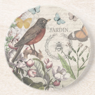 Robin Elegant Bird Butterfly Fransk Art Underlägg