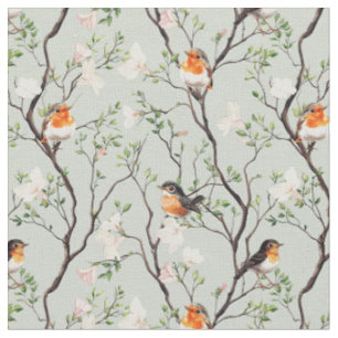 Robin fågel botaniska vinrankor och blommor tyg