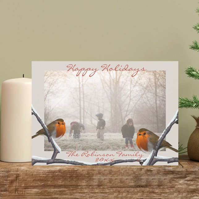 Robin Fågel Överlagd Jul Holiday Foto Kort (Happy Holidays from the robins. Just upload your photo)