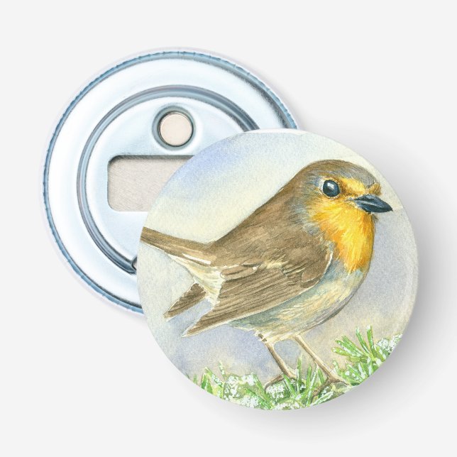 Robin-fågel på en frostig juniper gren flasköppnare (Framsidan)