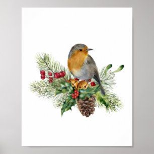 Robin, gräs, candy cane, Poinsettia jul Poster