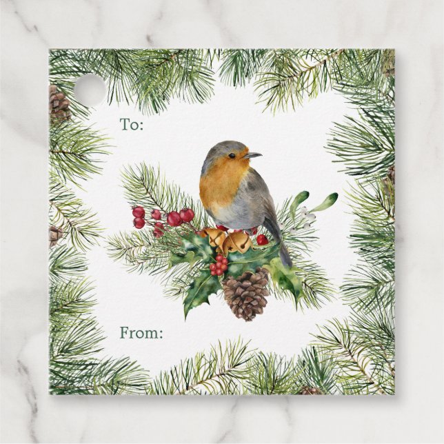 Robin, gräs, polkagrisar, poinsettia jul gåvor etiketter (Framsida)