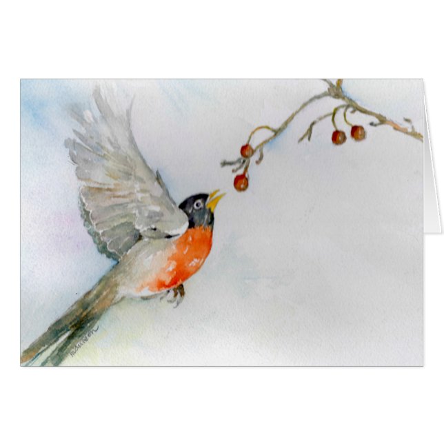 Robin i flyg hälsningskort (Framsidan Horizontal)