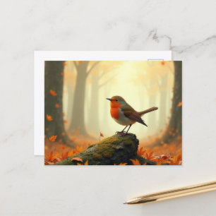 Robin in Autumn/Fall Forest, Löv Falling Vykort