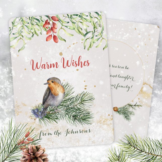 Robin Mistletoe Snö Guld Accents Julkort (Robin Mistletoe Snow Gold Accents Holiday Card ©Susanne Sachers - Sunny Mind Design 🌞)