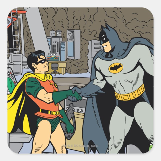 Robin och Batman Handshake Fyrkantigt Klistermärke (Framsida)