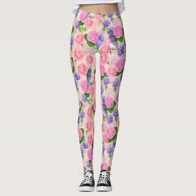 Robin och blommor, vattenfärg mönster leggings (Framsida)