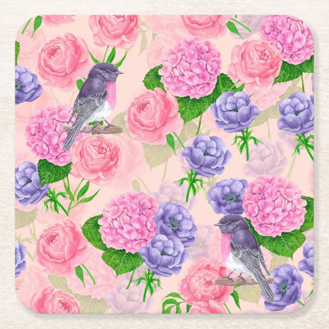 Robin och blommor, vattenfärg mönster underlägg papper kvadrat (Framsidan)