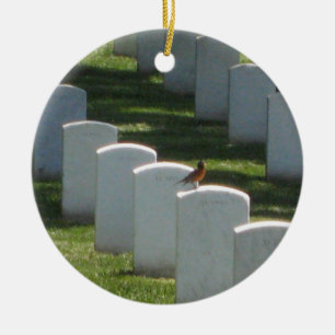 Robin på gravestonen julgransprydnad keramik
