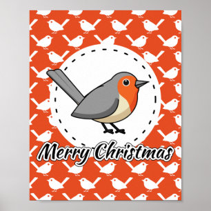 Robin på Orange White Bird Mönster - God jul Poster