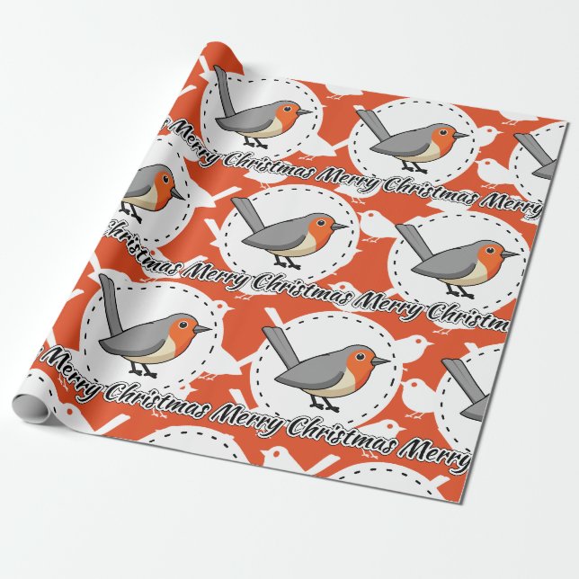Robin på Orange White Bird Mönster - God jul Presentpapper (Utrullad)