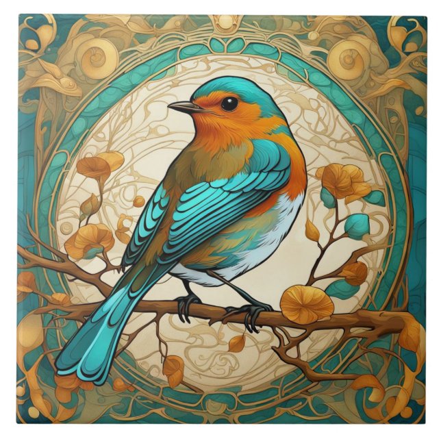 Robin Red Breast Bird Art nouveau Art Deco Mint Kakelplatta (Framsidan)