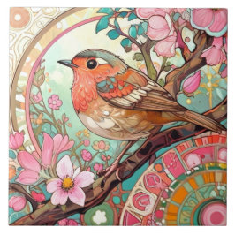 Robin Red Breast Bird Rosa Blommigt Vår blommor Kakelplatta