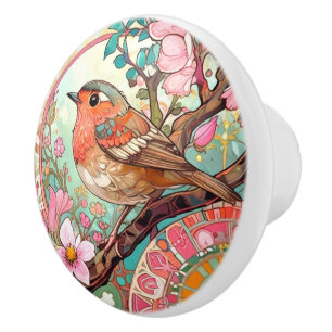 Robin Red Breast Bird Rosa Blommigt Vår blommor Knopp
