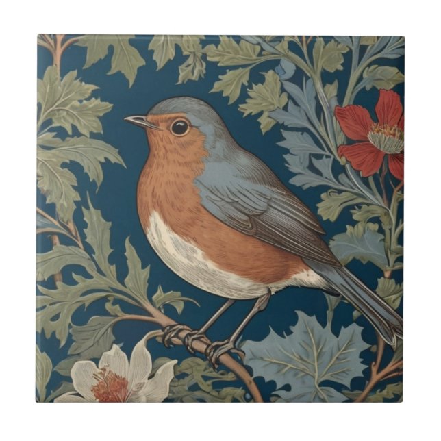Robin Red Breast Bird William Morris stil Lämnat Kakelplatta (Framsidan)
