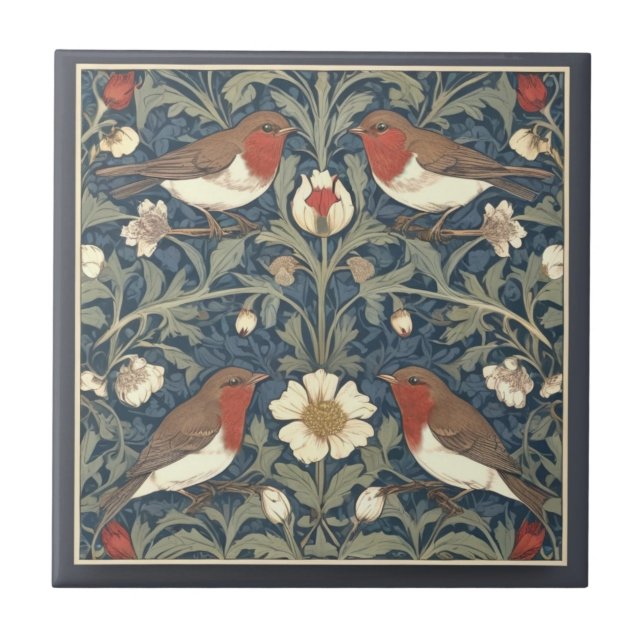 Robin Red Breast Birds William Morris stil Bird Kakelplatta (Framsidan)