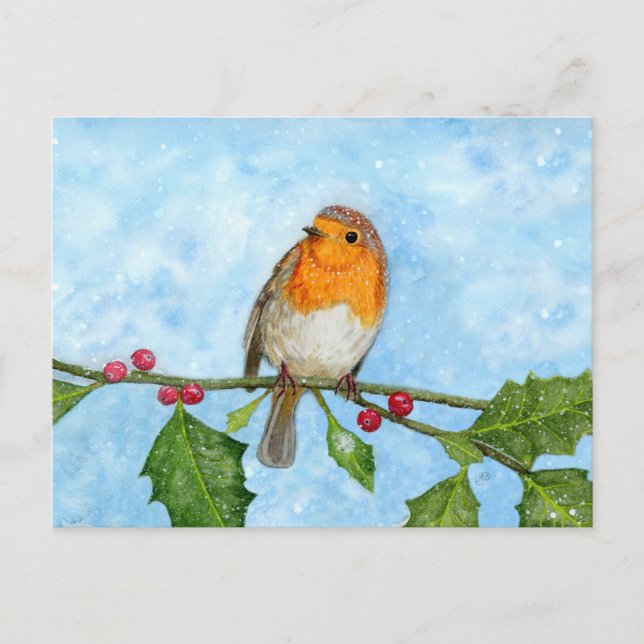 Robin Red Breast Watercolor Painting Postcard Vykort (Framsida)
